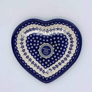 Blue Polish Heart Shaped Plate Hand Made Boleslawiec Pottery Floral Pattern